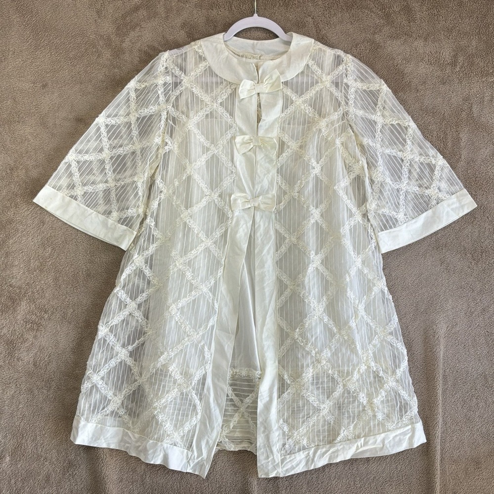Vtg 50s Eyeful by Flaums Nylon Lace Peignoir Set Robe & Nightgown Ivory Sz M